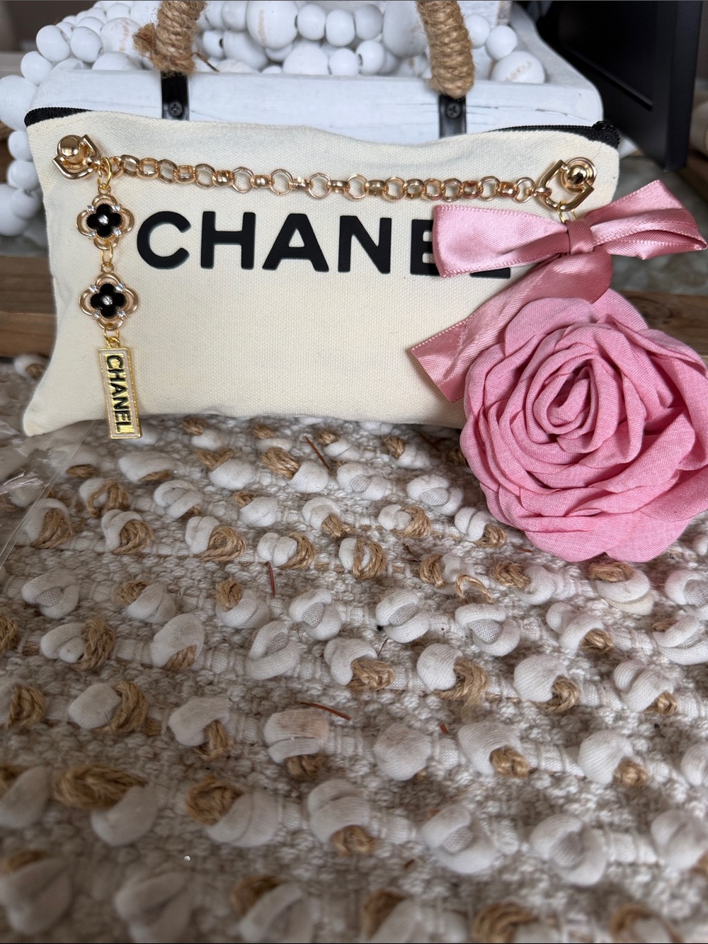 Handcrafted Cream Canvas Case with Gold Chain and Pink Bow